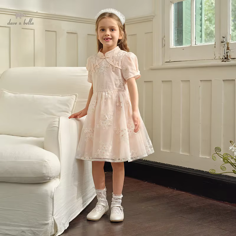 Dave Bella Girl's Princess Dress 2025 New Summer Children's Baby A-line Puff Sleeves Charm Sweet Fashion Casual Party DK2240330