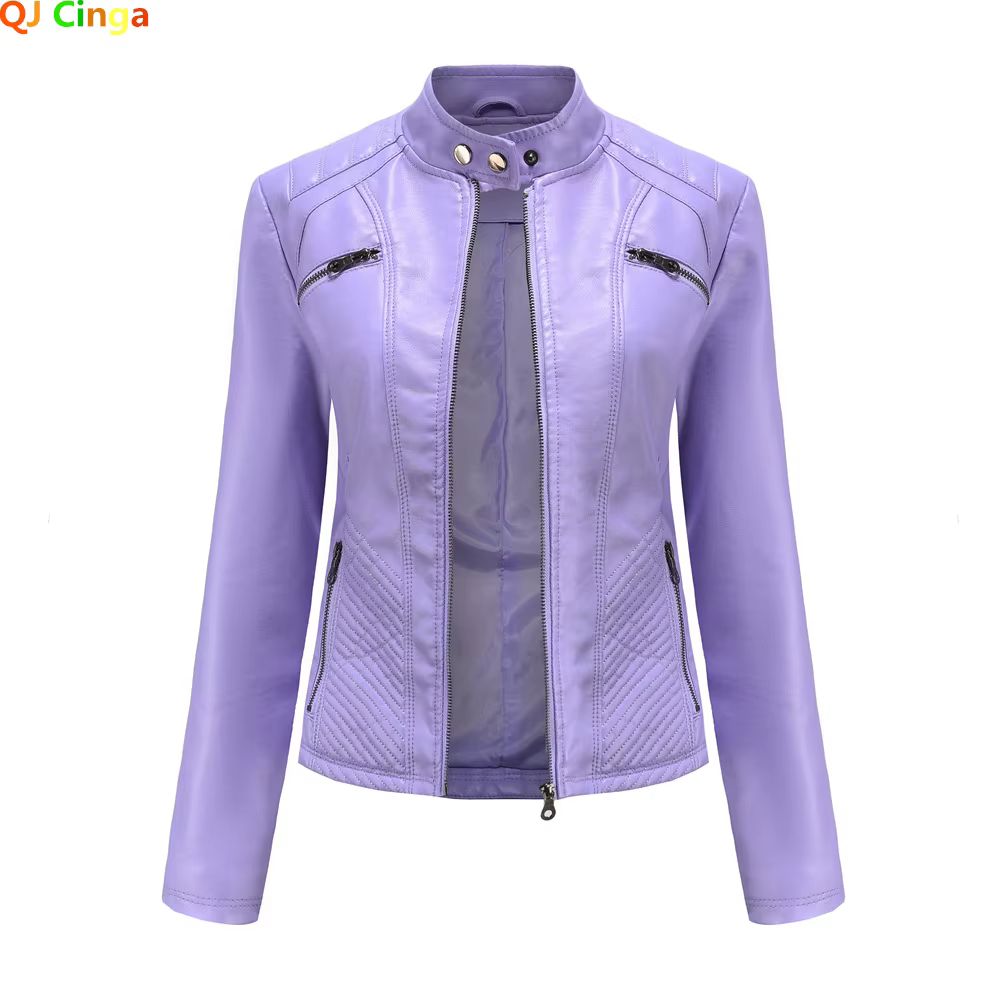 2026 New Lavender Purple Women's Long Sleeve PU Jacket, Fashion Motorcycle Leather Jackets, Red Coat, Black Outerwear.