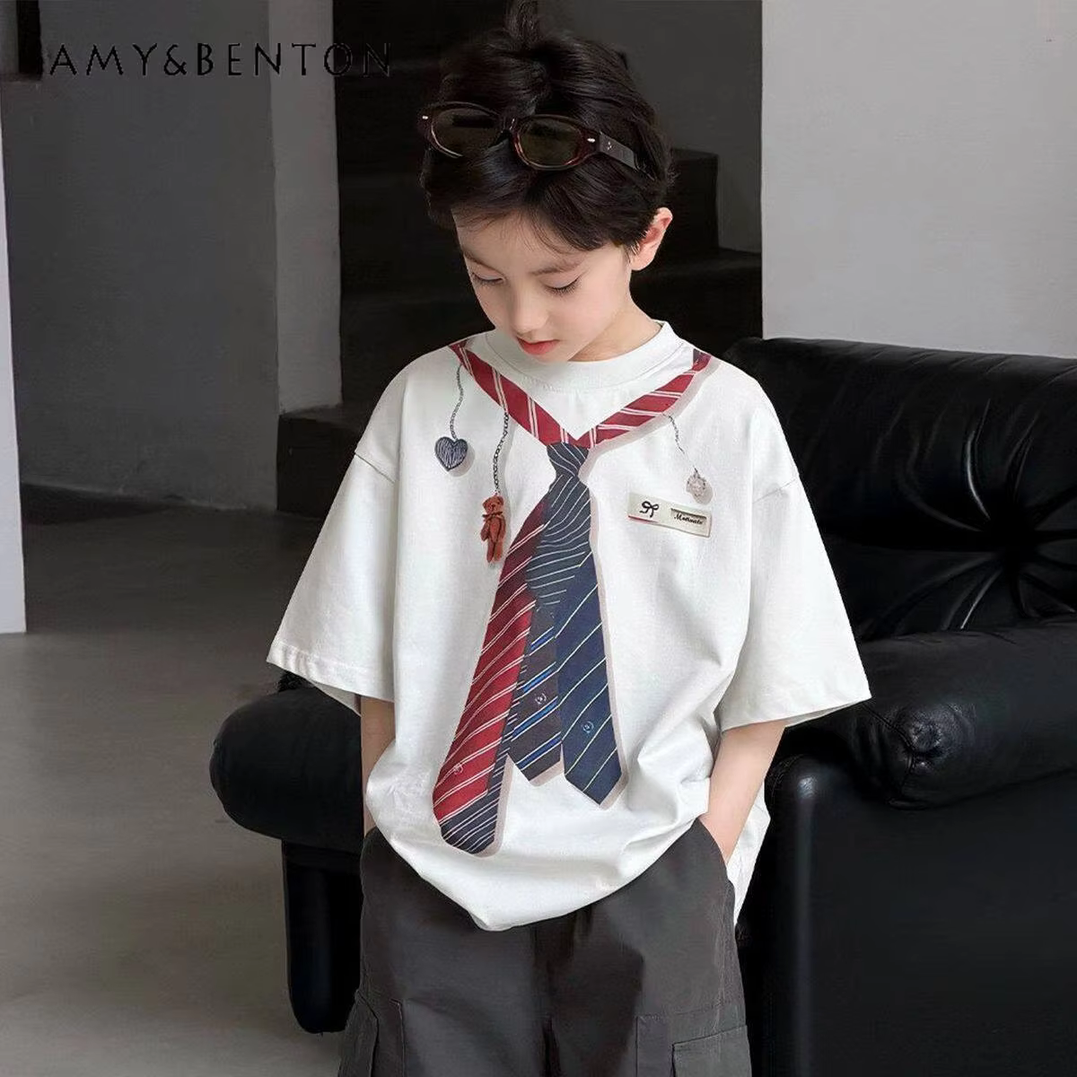 2026 New Summer Boys Stylish Short-sleeve Street T-shirt Kids High Quality Fashion Korean Tie Print Loose Casual Top Trendy Tee