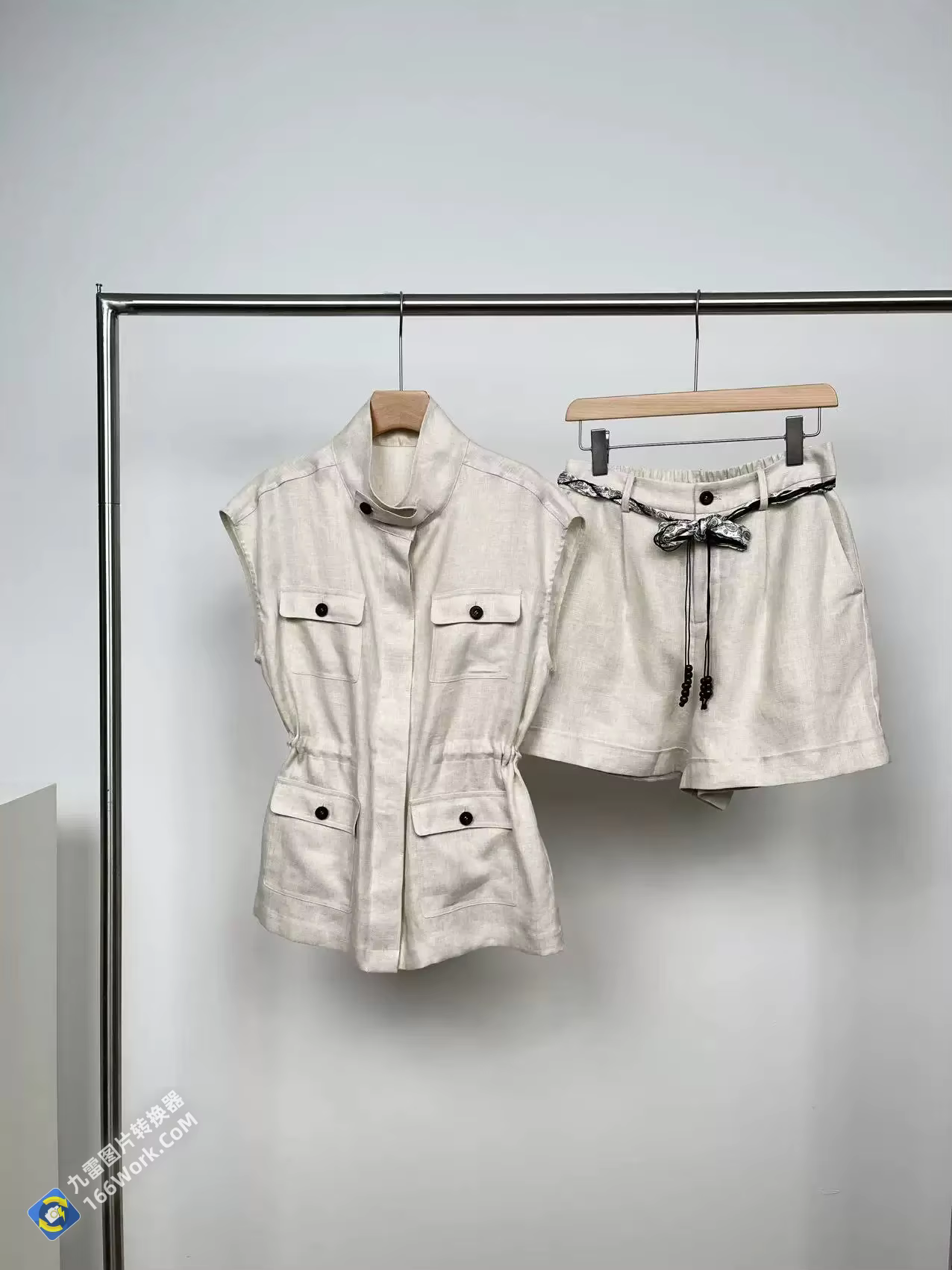 2026 summer women's linen stand collar elastic waist vest shorts set high-end jacket two-piece set
