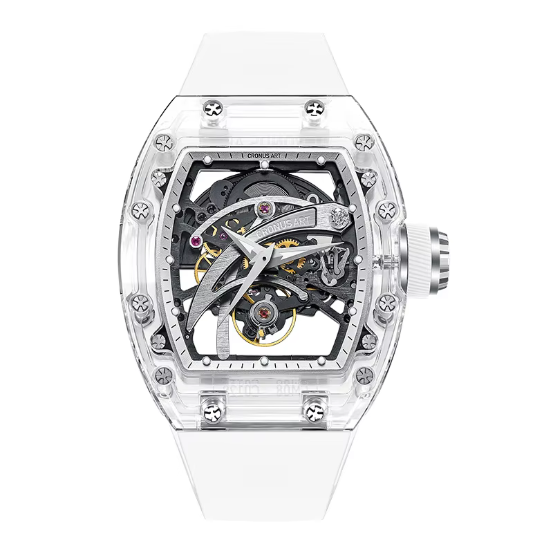 CRONUSART Men Automatic Watch 50mm Tonneau Mechanical Wristwatch Sapphire Case & Mirror Luminous FKM Strap Skeleton Blade Dial