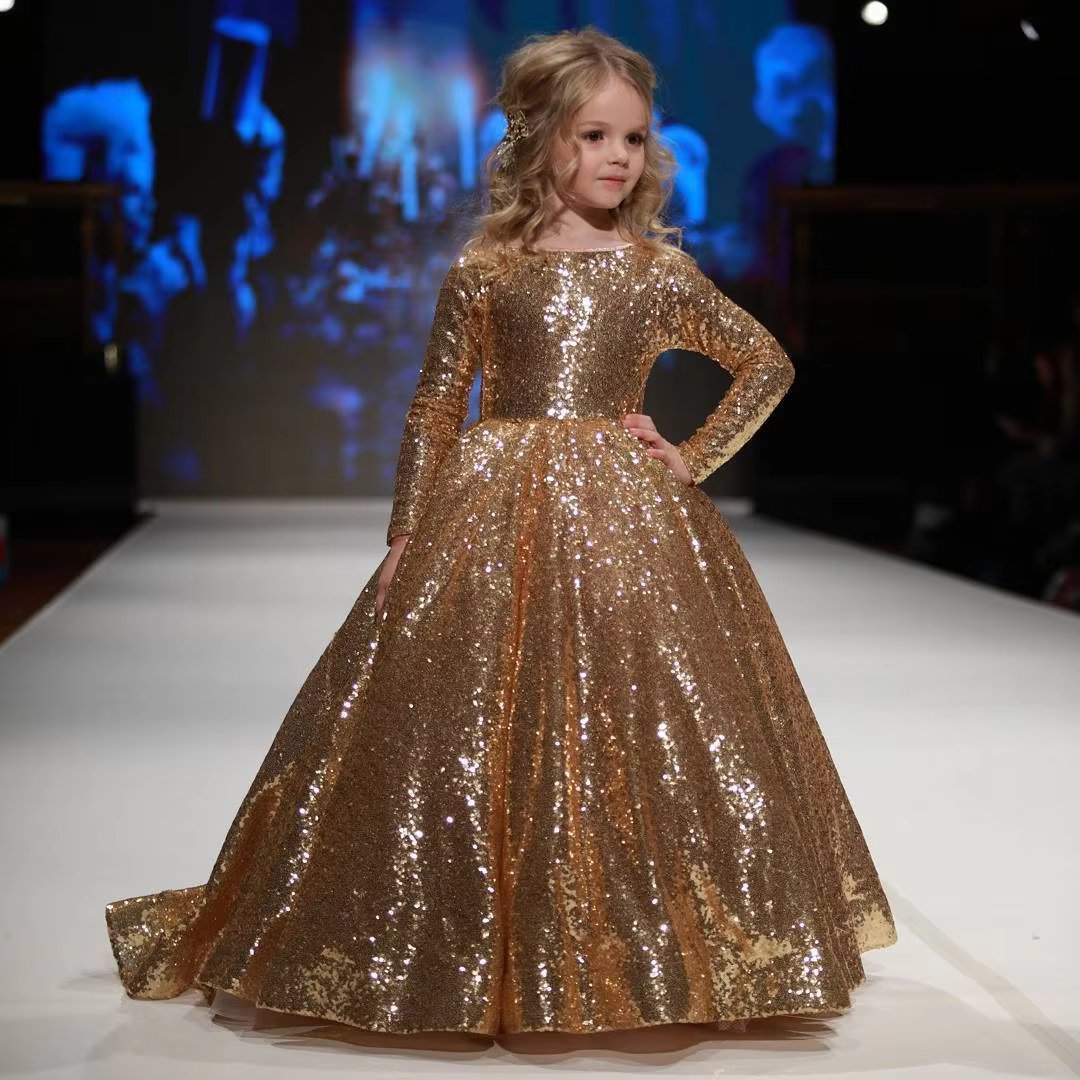 Golden Sequins Girl's Princess Dress Puffy Yarn Children's Dress Model Show Dress Long Dress Super Foreign Style