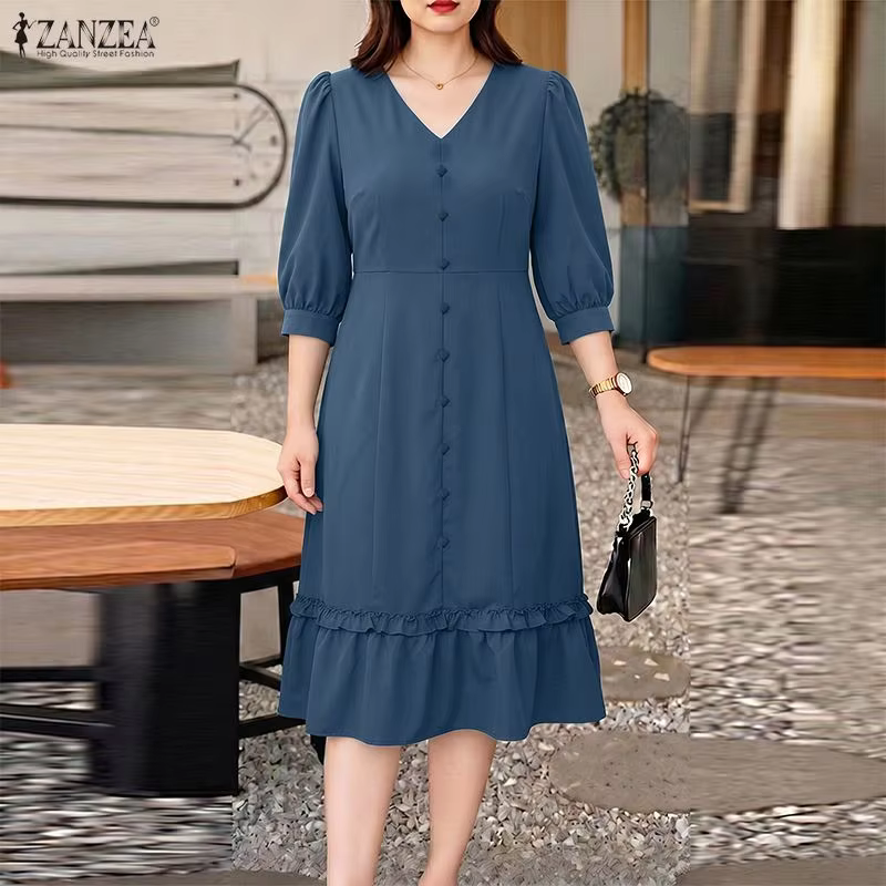 ZANZEA Women Elegant A-Line Midi Dress V-Neck 3/4 Puff Sleeve Cinched Waist Ruffled Hem Dresses Summer Casual Commute Robe Femme