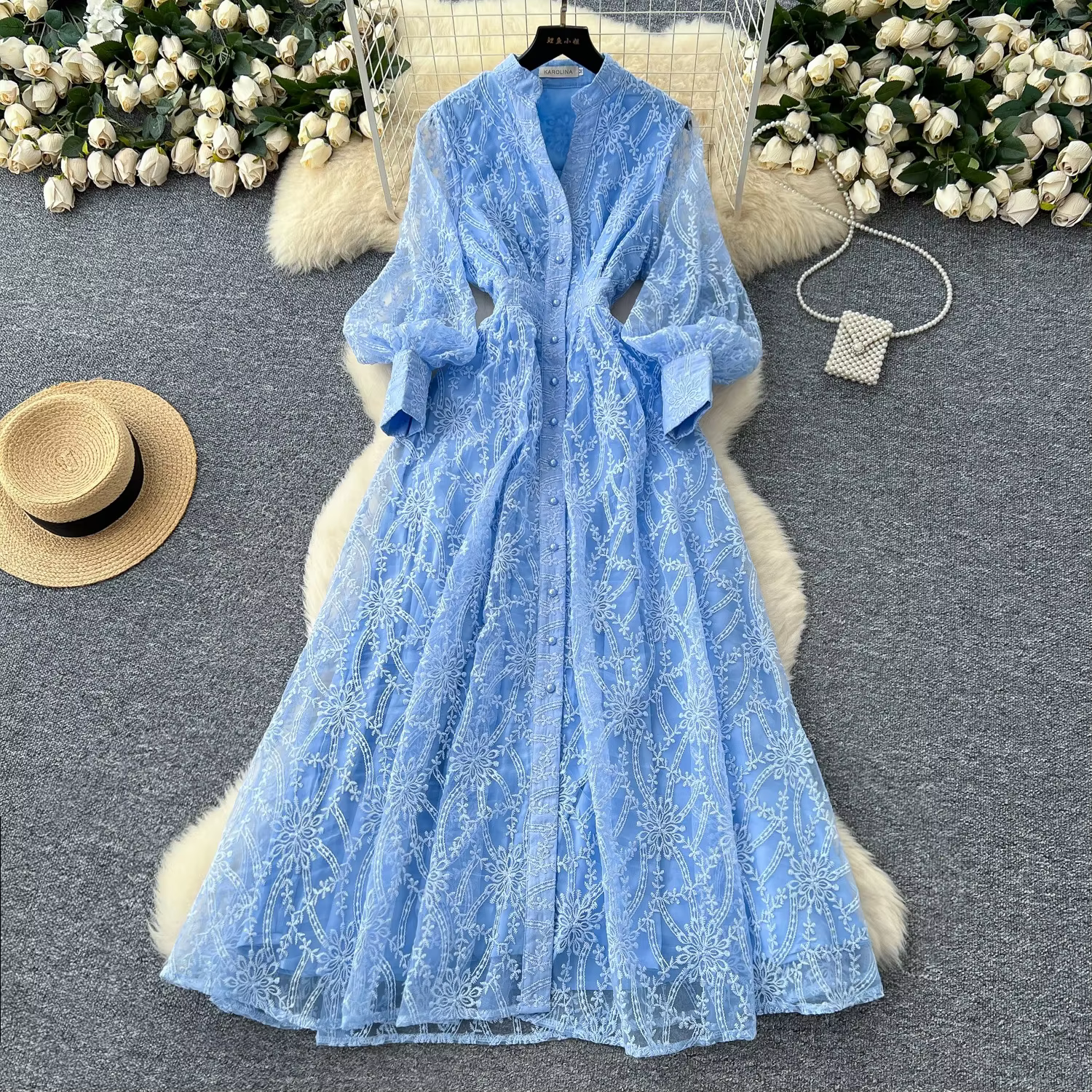 Vestido elegante Retro francés para mujer, nuevo estilo de gama alta, cuello levantado, cintura cruzada, vestido largo de malla bordada, 2025