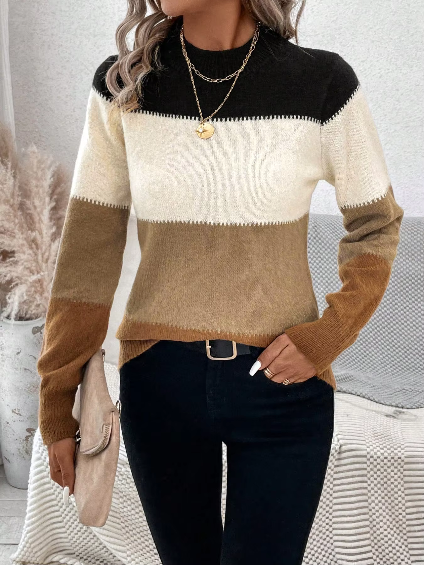Women's Slim Fit Color Block Knit Jumper Crew Neck Long Sleeve Casual Pullover Sweater for Fall Winter Daily Wear