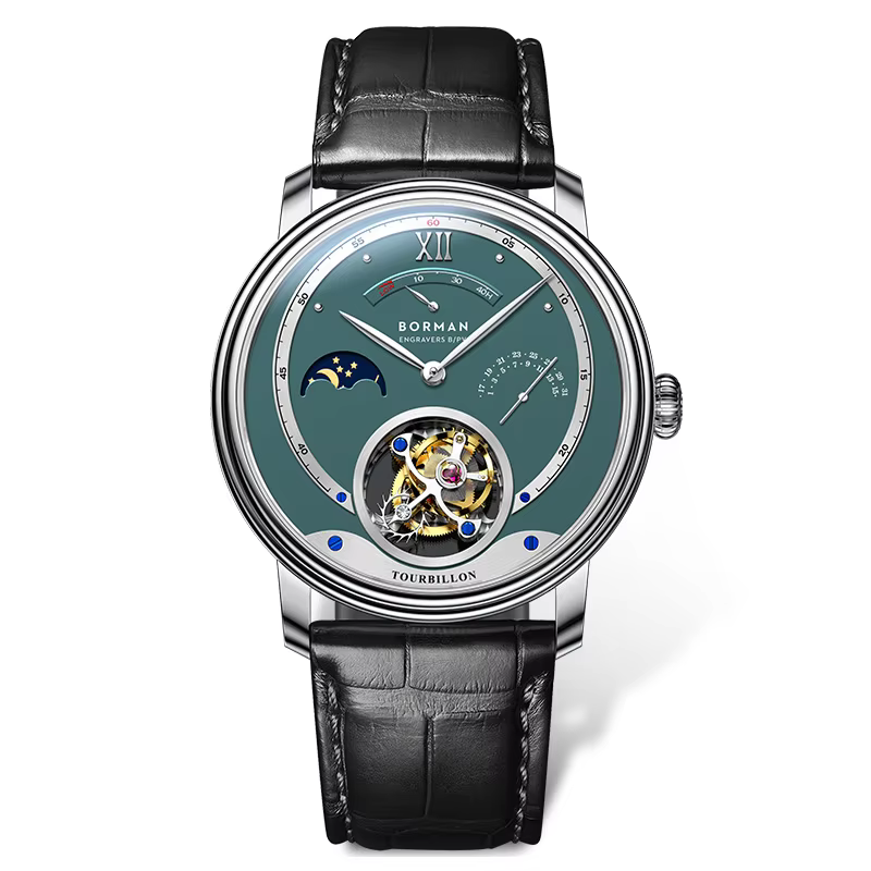 BORMAN Men Tourbillon Watch 40mm Manual Winding Mechanical Wristwatch Sapphire Skeleton Date Day-Night Energy Indicator ST8007