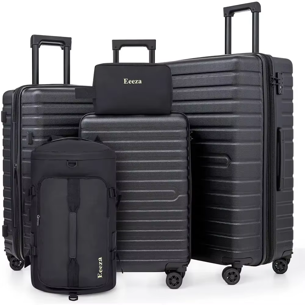 Expandable 21-30 Inch 5-Piece Luggage Set with ABS Shell, TSA Lock, and Spinner Wheels - Black