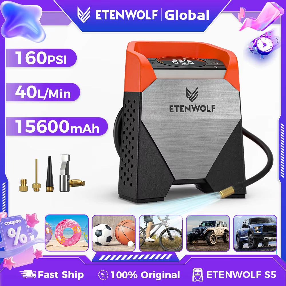 ETENWOLF ZEPHYR S3/S5 Portable Tire Inflator 100% Duty Cycle 7800/15600mAh Air Compressor for Cars Bikes Balls Air Pump (New)