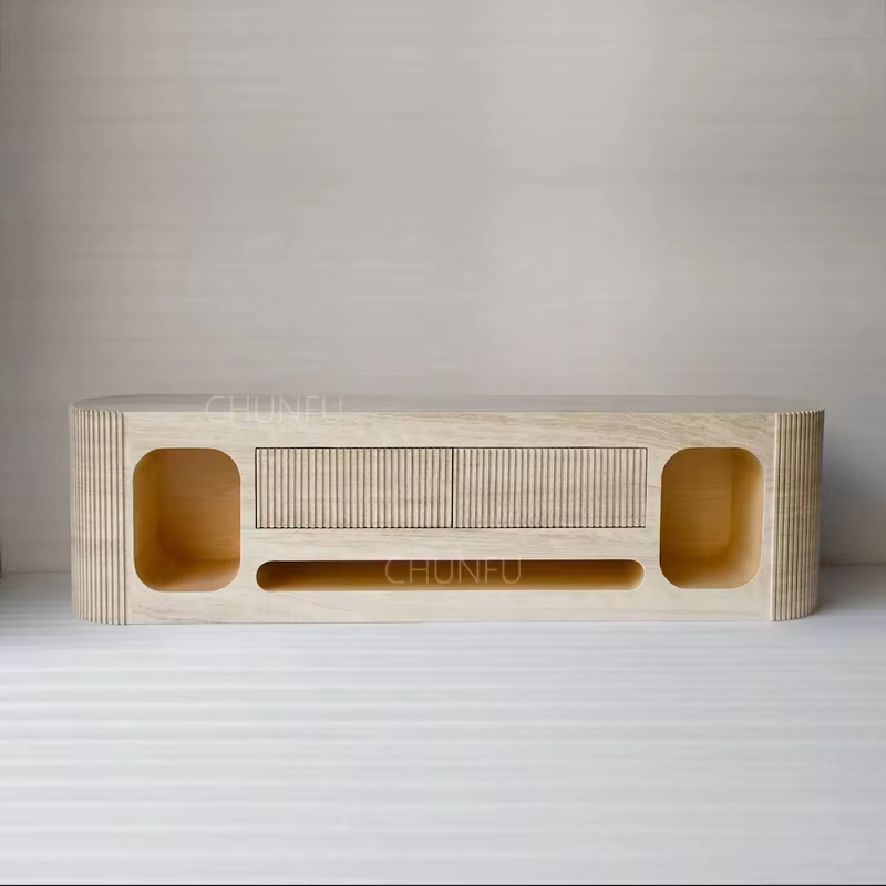 Modern Living Room Extendable Handmade TV Stand Beige Travertine Solid Wood TV Stand Bedroom Use