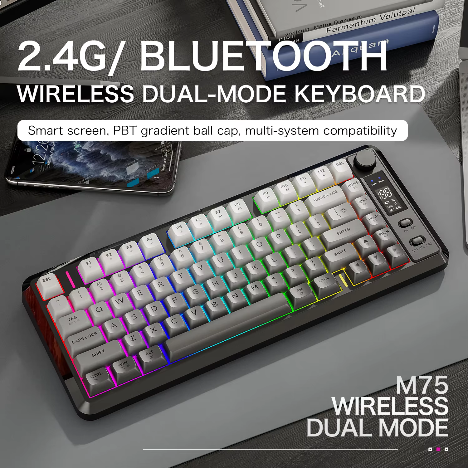 FREEWOLF M75 Wireless Keyboard, Bluetooth Dual-mode, PBT Gradient Ball Cap, With Display Screen, Gaming Keyboard