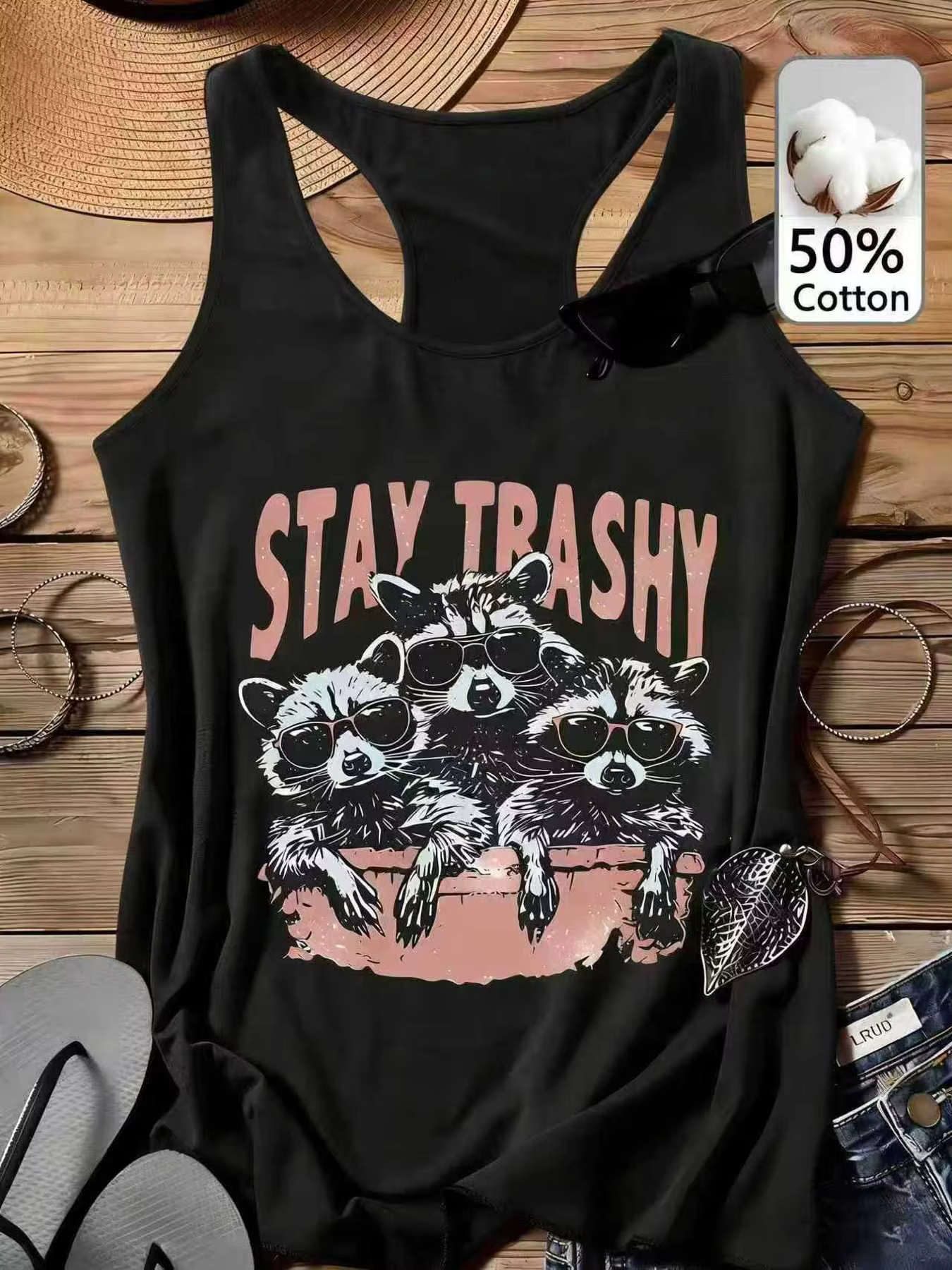 Summer women's plus size outfit, funny sunglasses, raccoon print tank top, high street style black casual sleeveless top