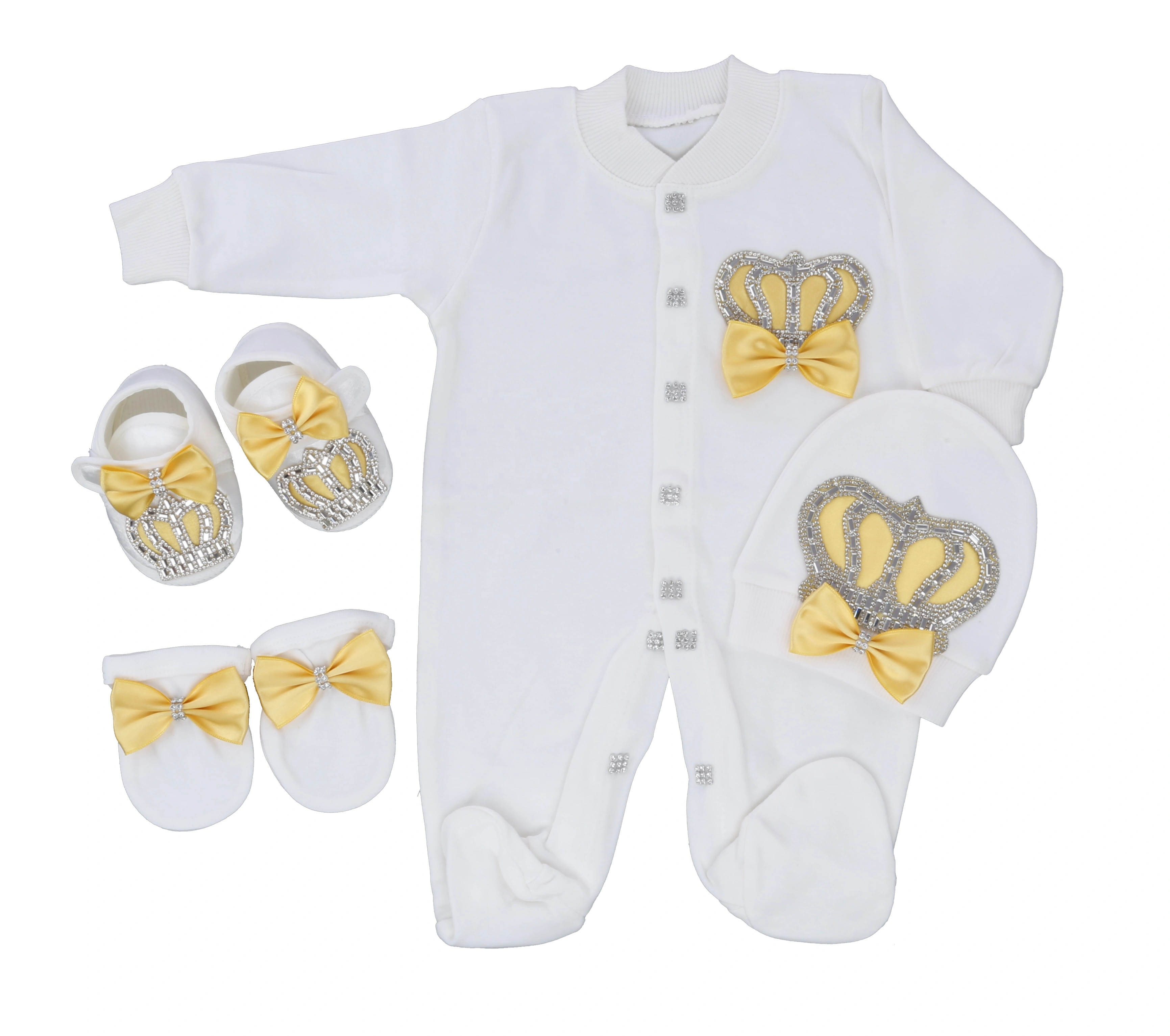 Footed Romper Newborn 0-9 Months 4 Piece Set White Yellow Crown Bow Prince Royal Boutique Baby Shower Gift With Hat Mittens Shoe