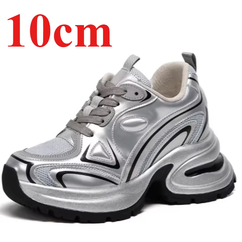 Silvery Chunky Sneakers Dad Shoes Women's 10cm Elevator Shoes Genuine Leather Thick Soled Height Increasing Casual Sports Shoes