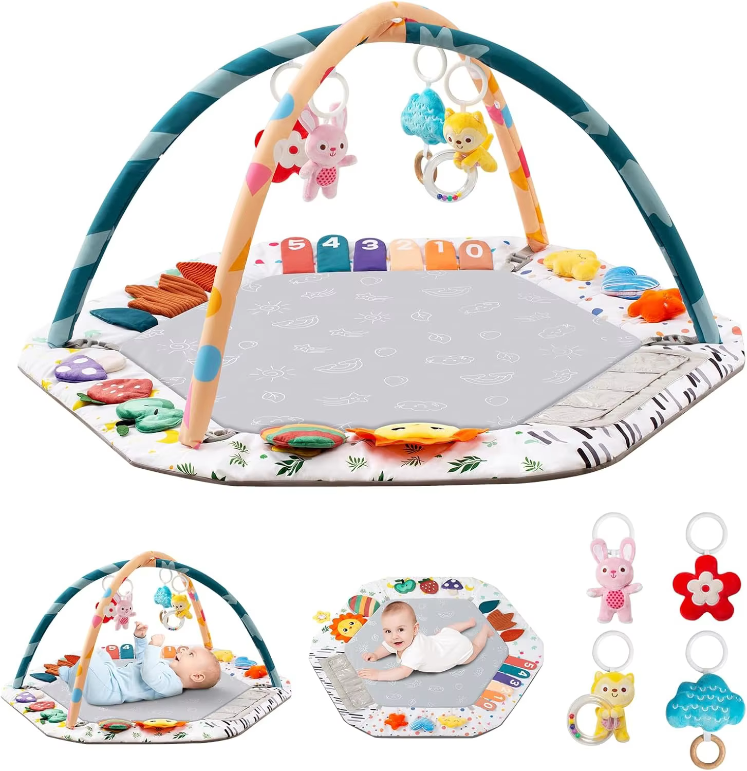 Baby Play Gym Mat with 6 Development Zones Tummy Time Activity Pad with 4 Detachable Sensory Toys for Infant Motor Skill Develop