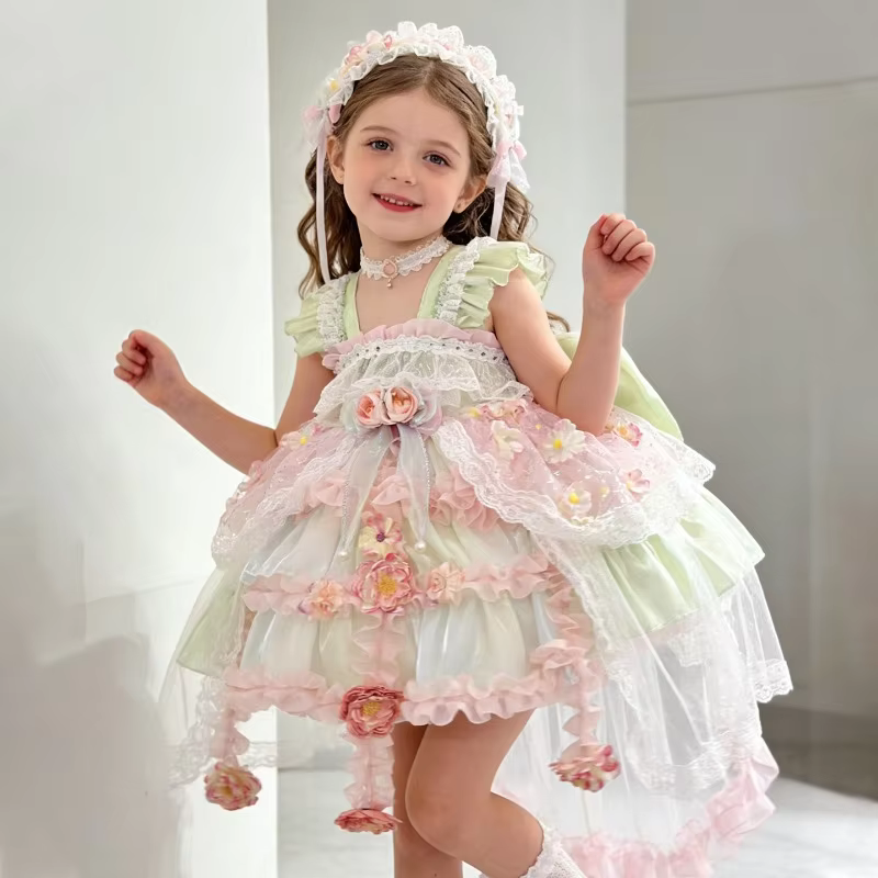 Flower Fairy Tutu Dress Girls Lolita Princess Wedding Dress Kids Boutique Sweet Quality Party Fashion Costume Children Gift