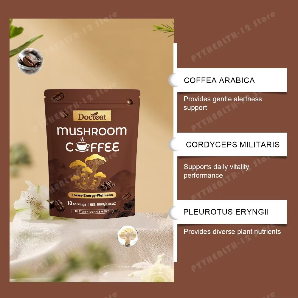 Docteat Mushroom Coffee Powder with Cordyceps, Lion's Mane, Reishi, Shiitake & Turkey Tail for Focus, Energy & Wellness, 180g