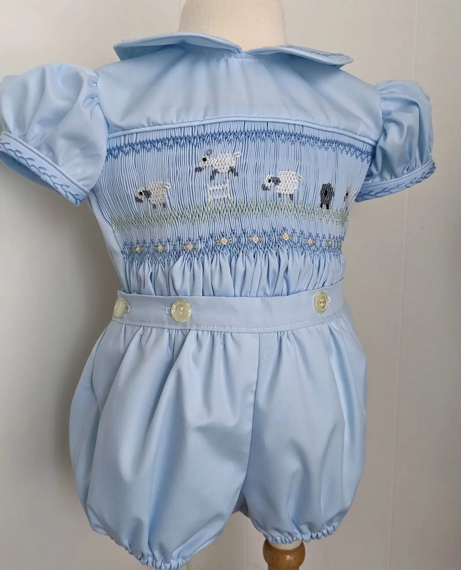 0-6Y Baby Boy Summer Light Blue Sheep Handmade Embroidery Smocked Outfit Suit for Birthday Holiday Casual A94