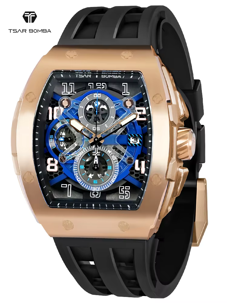TSAR BOMBA Watches for Men Tonneau Wristwatch Quartz Clock Sapphire Date Chronograph Luxury Mens Watch