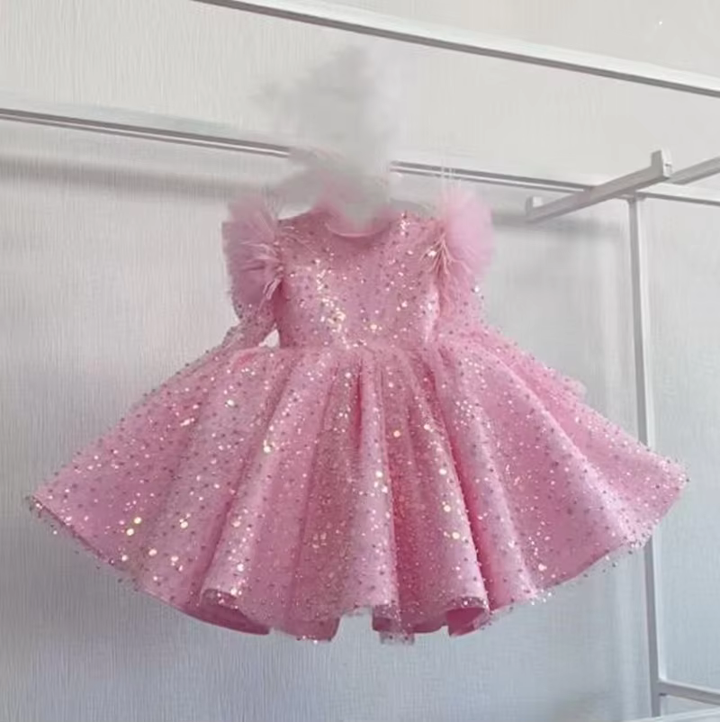2025 Little Girl Pink Sparkle Flower Dress Birthday Party Dress Bead Lace Princess Fashion Original Custom Girl Christmas Dress