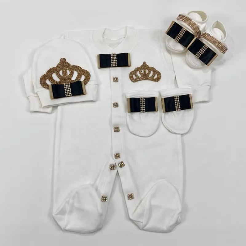 Soft Cotton Newborn Romper 0-9 Months 4Pcs White Black Champagne Gold Rhinestone Crown Bow Footed Jumpsuit Baby Shower Gift