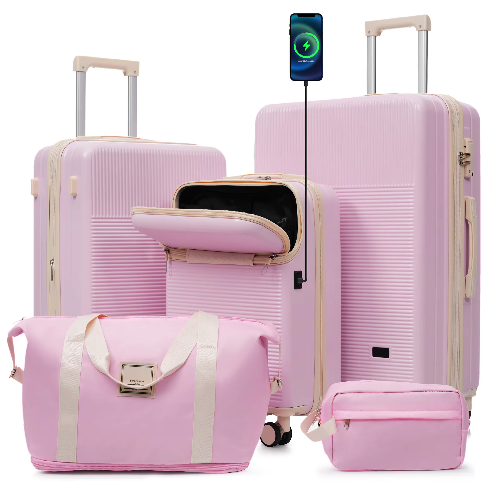 Luggage Sets 5 Piece with Half-opening, Hardside Carry On Suitcase Set with Double Spinner Wheel, Lightweight Travel Luggage