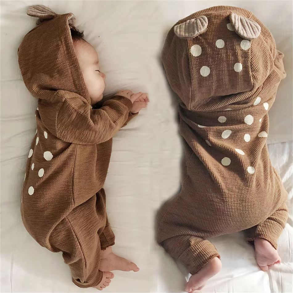 Baby Spring Autumn Cartoon Little Deer Hooded Zipper Bodysuits Toddler Long Sleeved Jumpsuit Girls Boys Cute Solid Playsuits