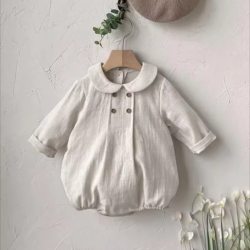 Autumn Collection Men's Women's Baby Preppy Style Round Neck Long Sleeve Jumpsuit Crawling Clothes Dual Row Buckle Linen Fabric