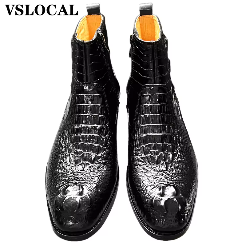 Luxury Men Ankle Boots Shoes Black Brown Crocodile Printed Zipper Chelsea Double Buckle Genuine Leather Dress Men Boots