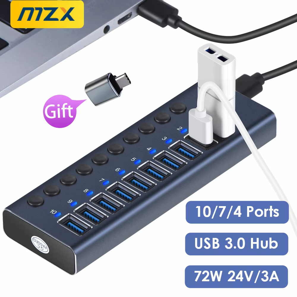 10/7/4 Port USB 3.0 Hub Aluminum A 3 0 Multi-hub Splitter Concentrator Multiple Extension Dock with Switch Adapter for PC Laptop