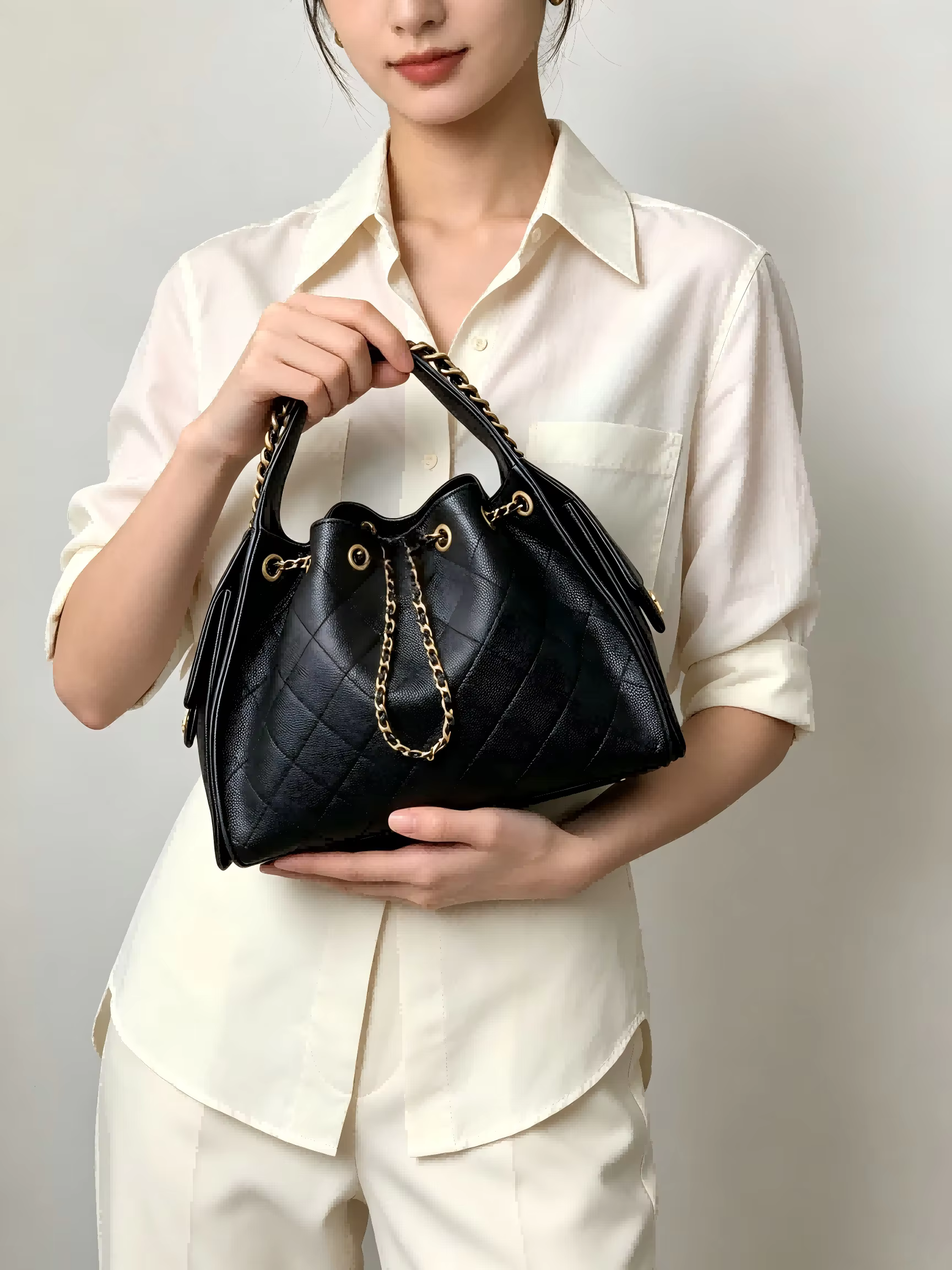 Versatile Daily Real Leather Diamond Lattice Chain Bag Elegant Women Handbag