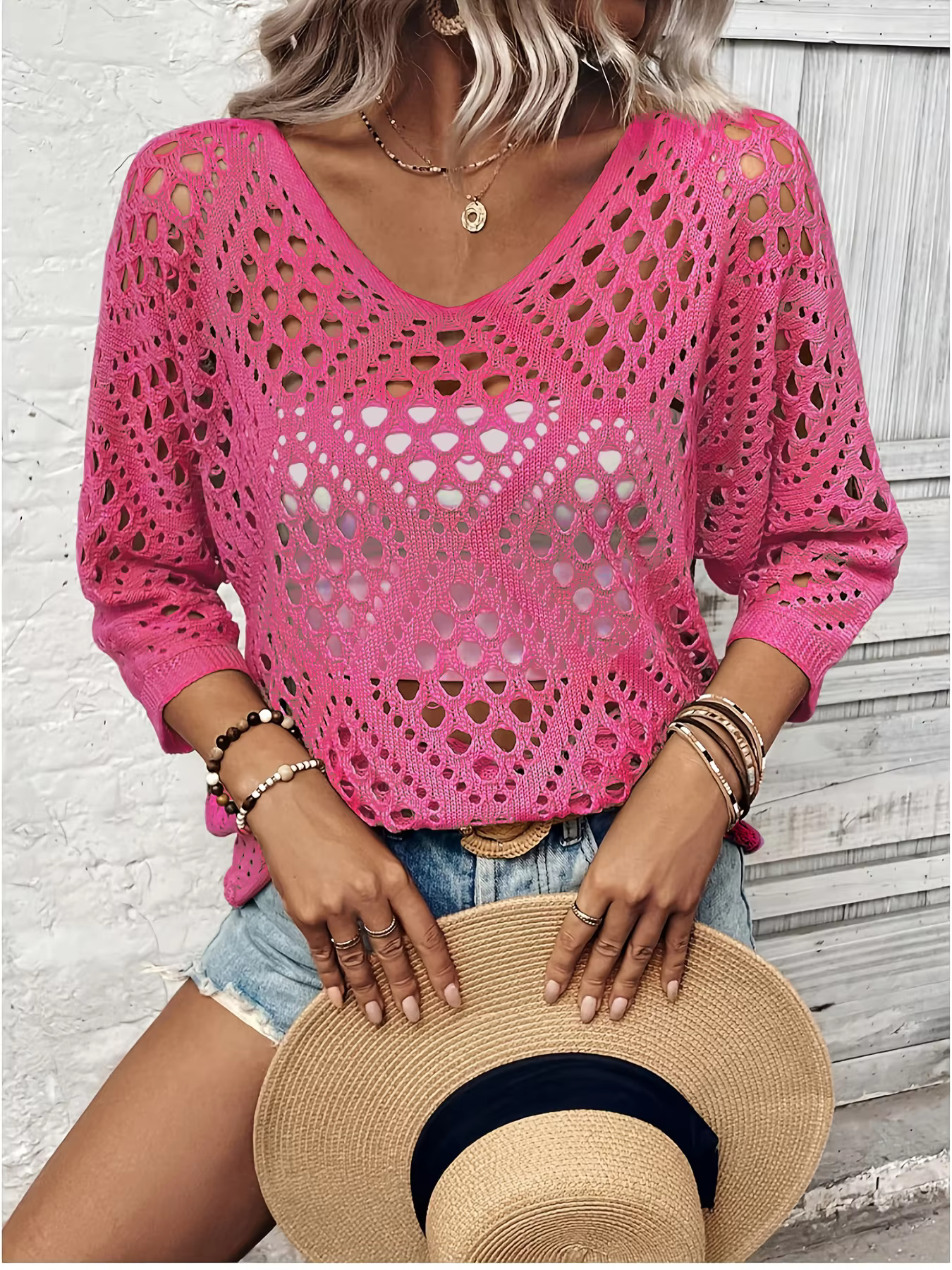 Women Spring Summer Casual Loose V Neck Half Sleeve Hollow Out Crochet Knit Sweater Beach Vacation Cover Up Pullover Tops