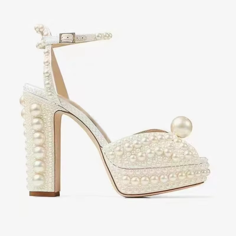 2024 Handmade Beaded Thick Heel Fish Mouth Sandals 35-41 High Heel Waterproof Platform Women's Shoes Wedding Dress Luxury Pearl