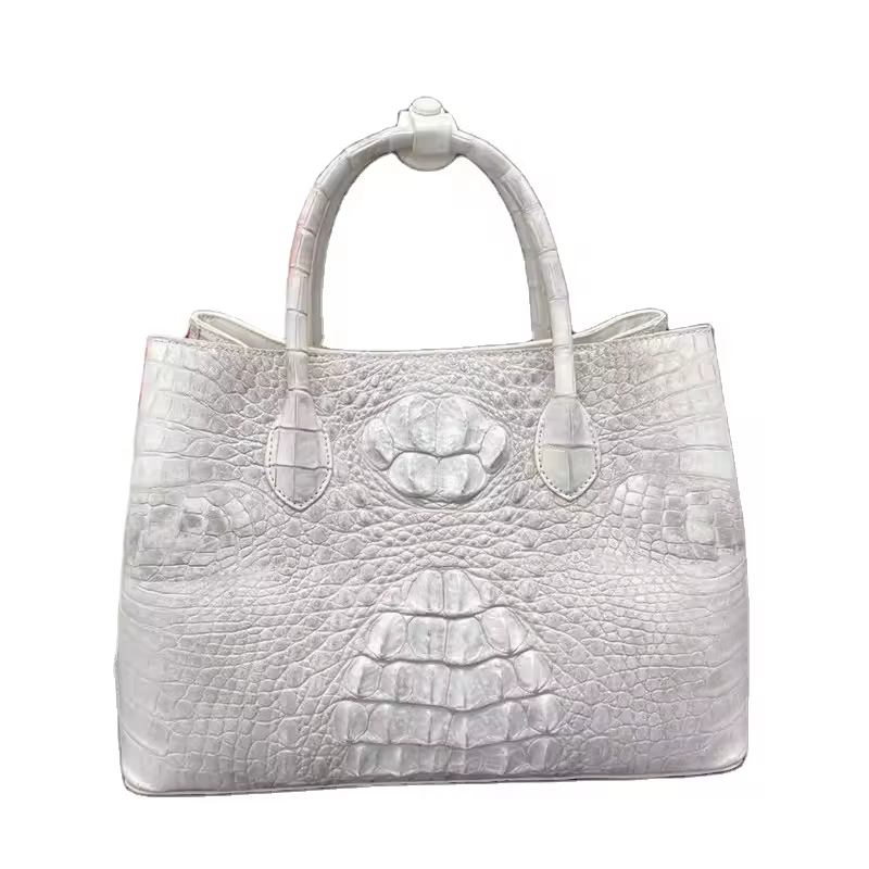 Authentic Crocodile Skin Women's White Working Purse Genuine Exotic Leather Lady Top-handle Handbag Female Large Shoulder Bag