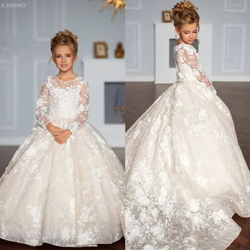 Girls Evening Dress Princess Party Gown with Long Train for Piano Performance Flower Girl Children Pageant European American