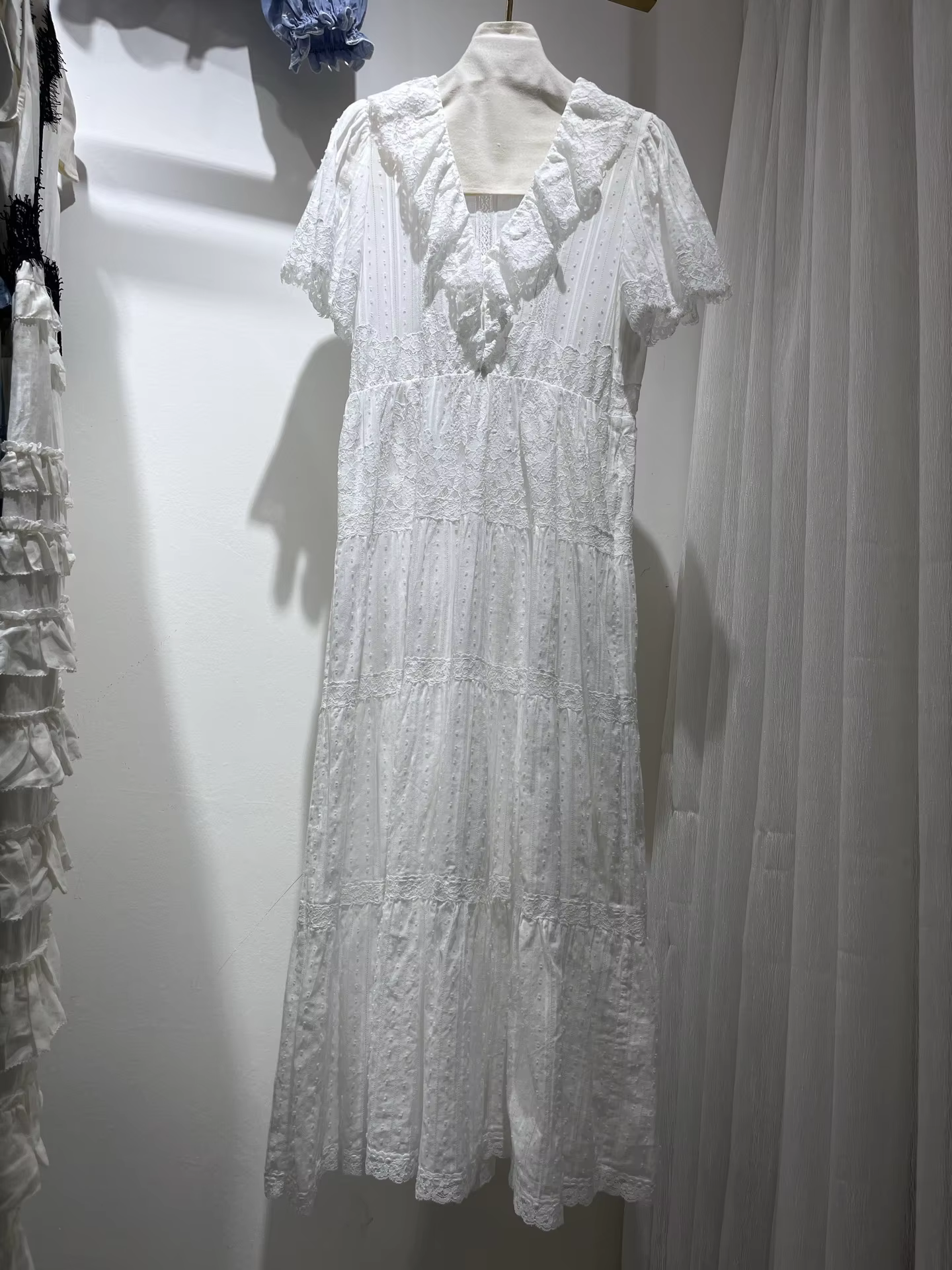 Women 100% Cotton White Maxi Dress Lace Embroidery Ruffles Spliced V-Neck Short Sleeve High Waist Holiday Loose Robe