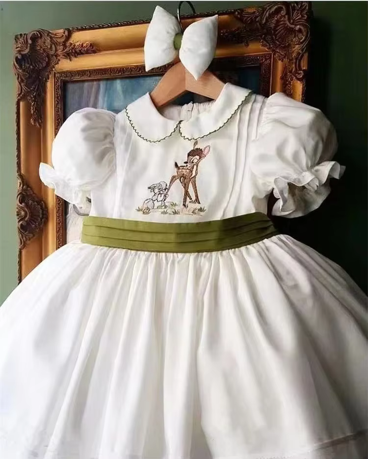 Baby Girl Summer Autumn White Deer Embroidery Vintage Spanish Princess Ball Gown Dress with headwear for Eid Party Casual B339