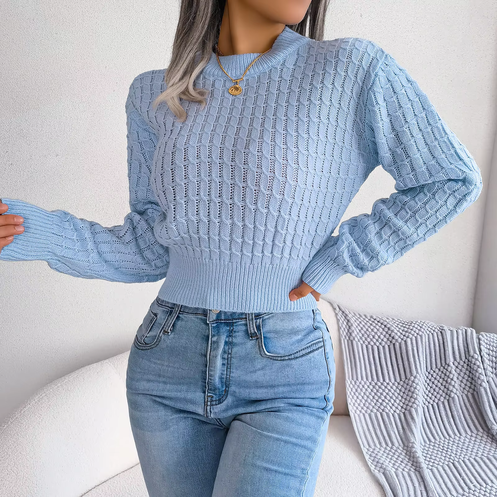Women's Cropped Ribbed Knit Top - Y2K Casual Vacation Pullover, Fall Winter Solid Color Long Sleeve Shirt