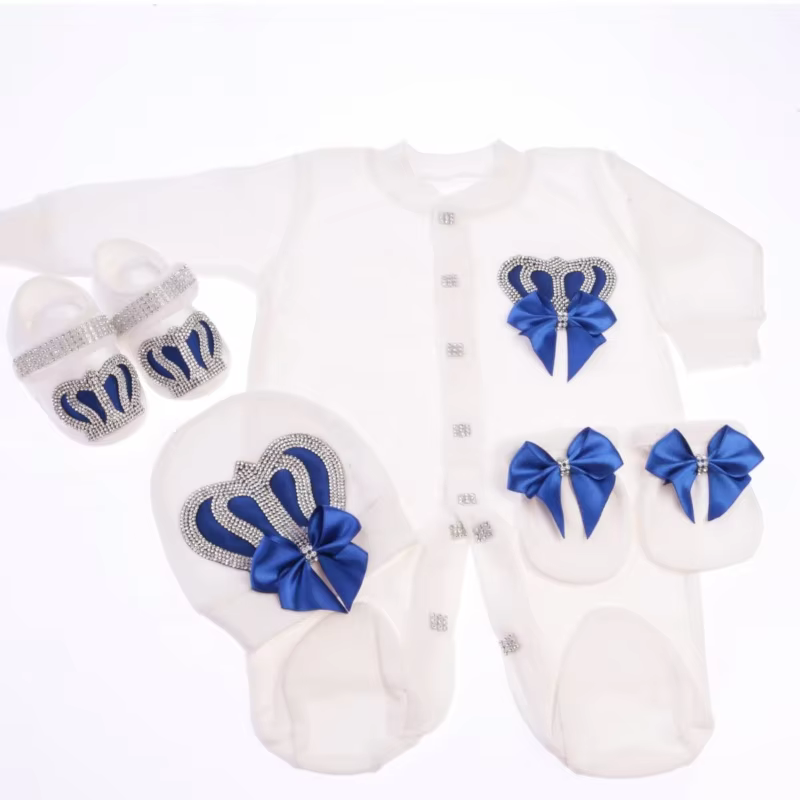 Baby Footed Romper Newborn 0-9 Months 4Pcs White Royal Blue Silver Crown Bow Royal Boutique Baby Gift