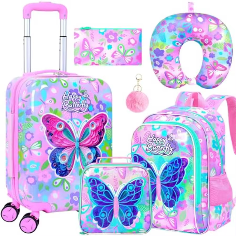 5Pcs Luggage Set, 16" Girls Travel Suitcase with Spinner Wheels, Carry on Toddler Rolling Suitcase Airline Approved Pink