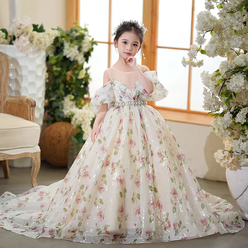 Girls' Princess Dress Children's High-End Model Catwalk Dress Flower Girl Trailing Little Host Piano Performance Costume