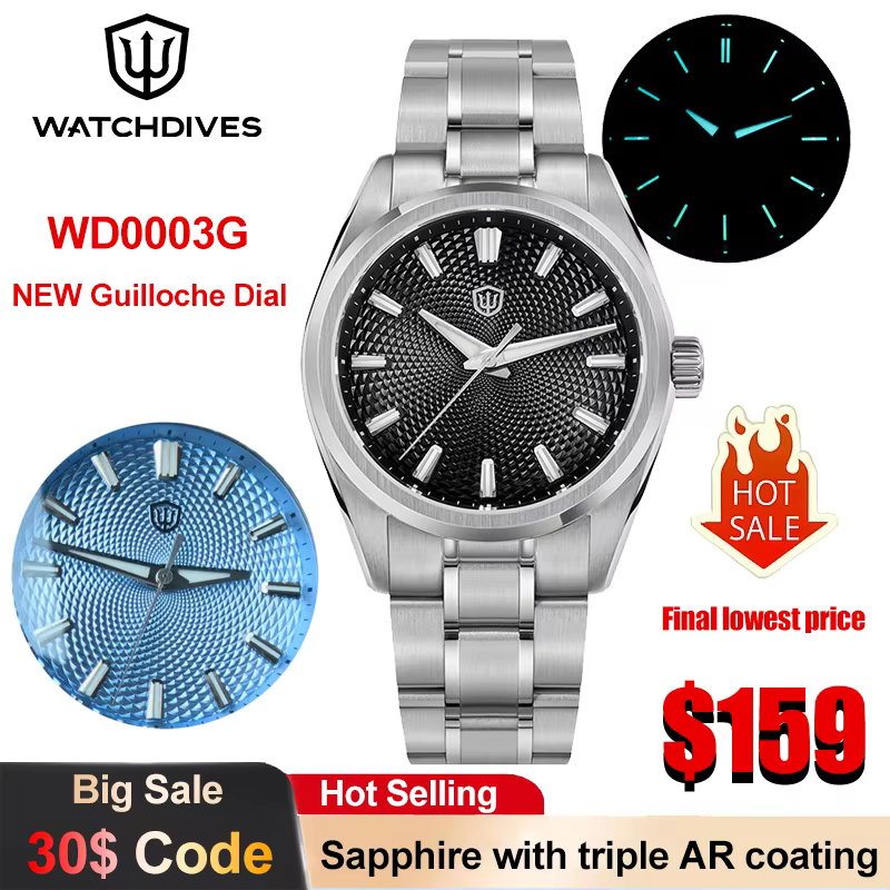Watchdives WD0003G Quartz Watch New Guilloche Dial VH31 Sweep Movement Mens Watch 100m Waterproof Sapphire Luminous 38mm Watches