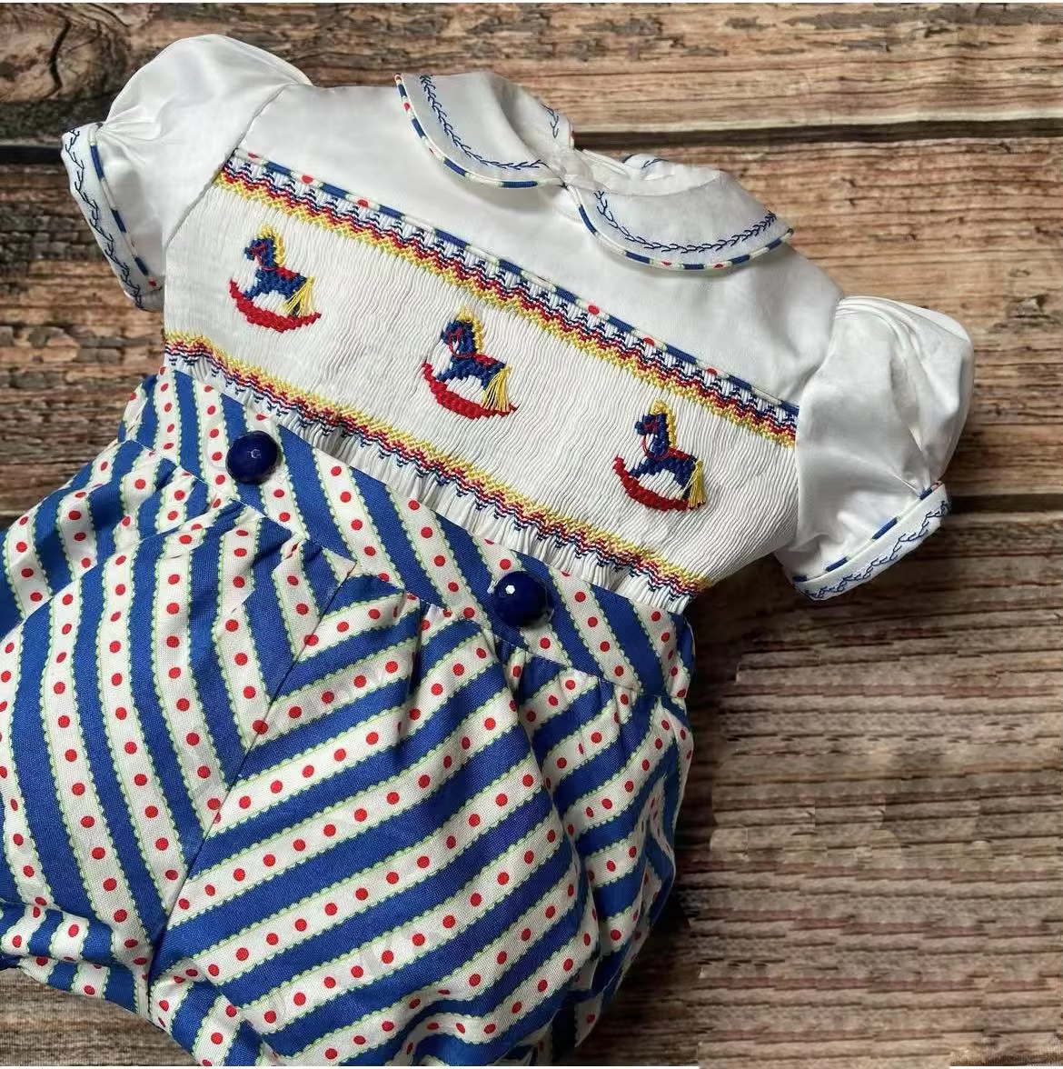 0-6Y Baby Boy Summer Merry-go-round Handmade Embroidery Smocked Blue Stripe Outfit Suit for Party Birthday Holiday Casual A217