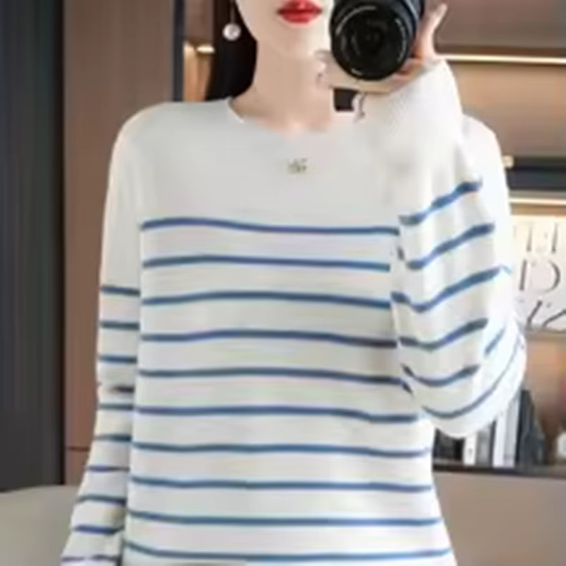 Women's Korean Version Spring Sweater With Dual Color Striped long Sleeved Round Neck New Pullover Sweater Made 100% Cotton  SMY