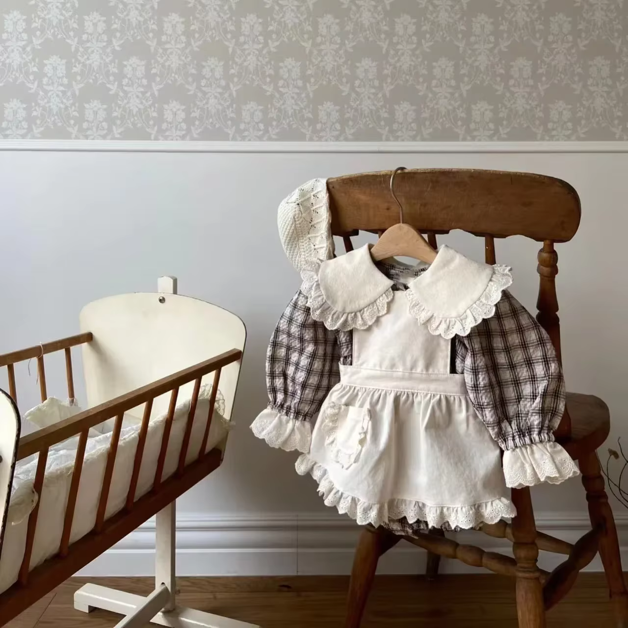Kids Peter Pan Collar Puff Sleeves Jumpsuit Girls Cotton Crawlwear  High Quality Girl Spring Autumn Vintage Plaid Bodysuit