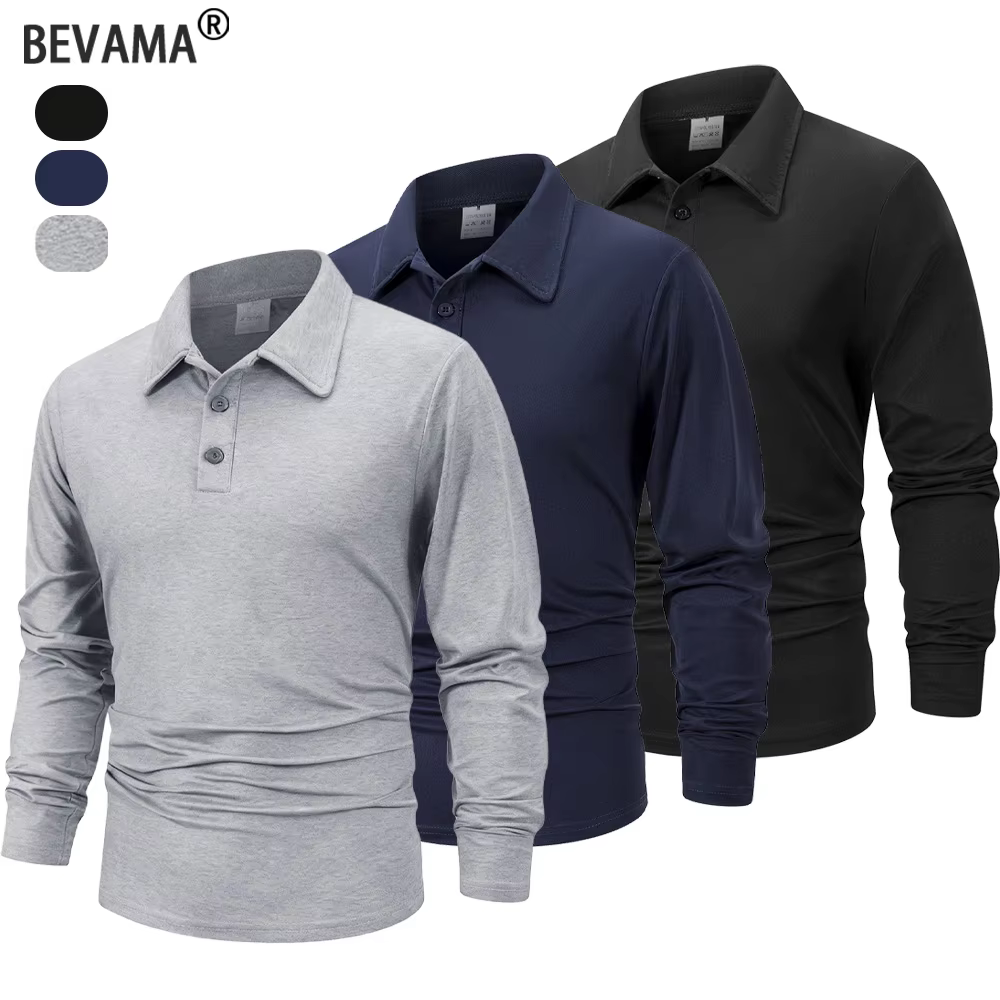 Frühling Herren Business Casual Langarm Poloshirt Einfarbig Modisch Atmungsaktiv Bequem Social Business Polos Männlich