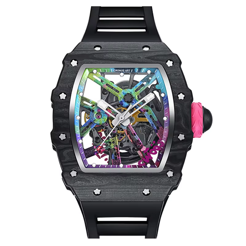 CRONUSART Men Automatic Watch Tonneau Carbon Fiber Case Mechanical Wristwatch Luminous Fluororubber Strap Skeleton Dial