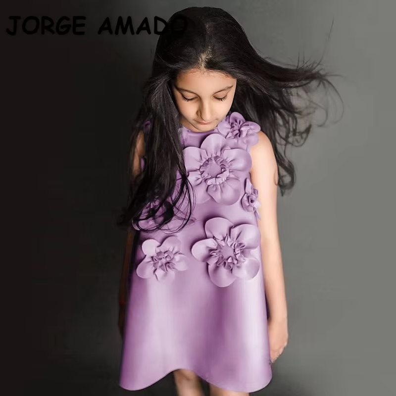 New Summer Kids Girls Party Dress Floral Appliques Sleeveless Round Collar Elegant Princess Evening Gown Children Clothing A1539