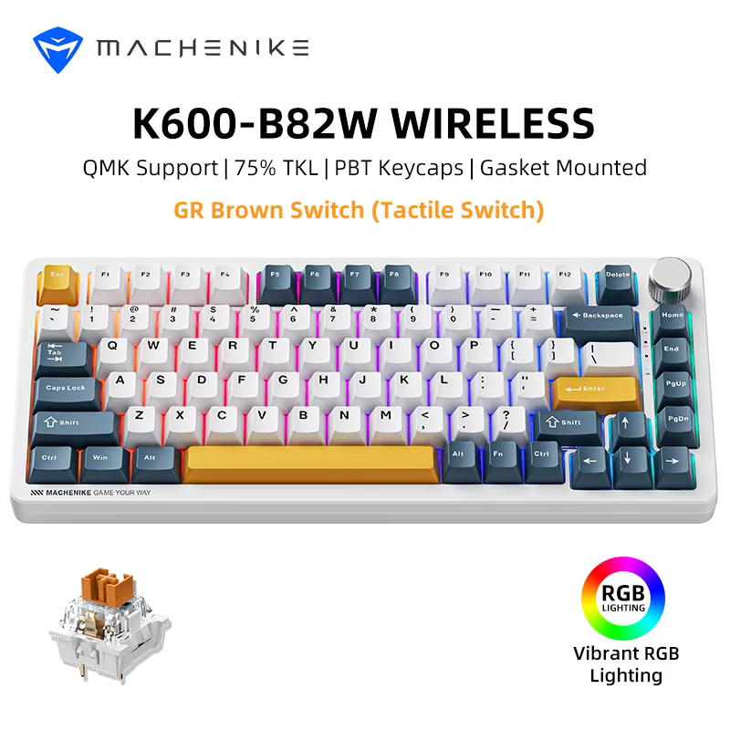 Machenike K600-B82W Mechanical Keyboard Tri-Modes Gasket Mounted 75% ANSI Layout  RGB Backlit Wireless Gaming Keyboard