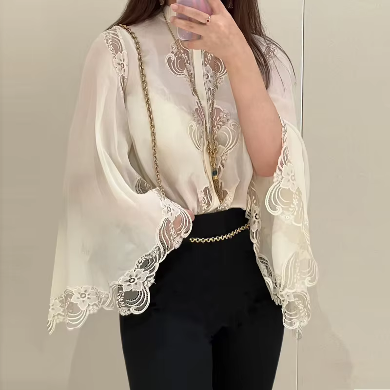 Chu Qi High Fashion Goddess Series Enchanting Antique Lace Embroidery Silk Long Sleeve Shirt French Style Straight Cut Women'...