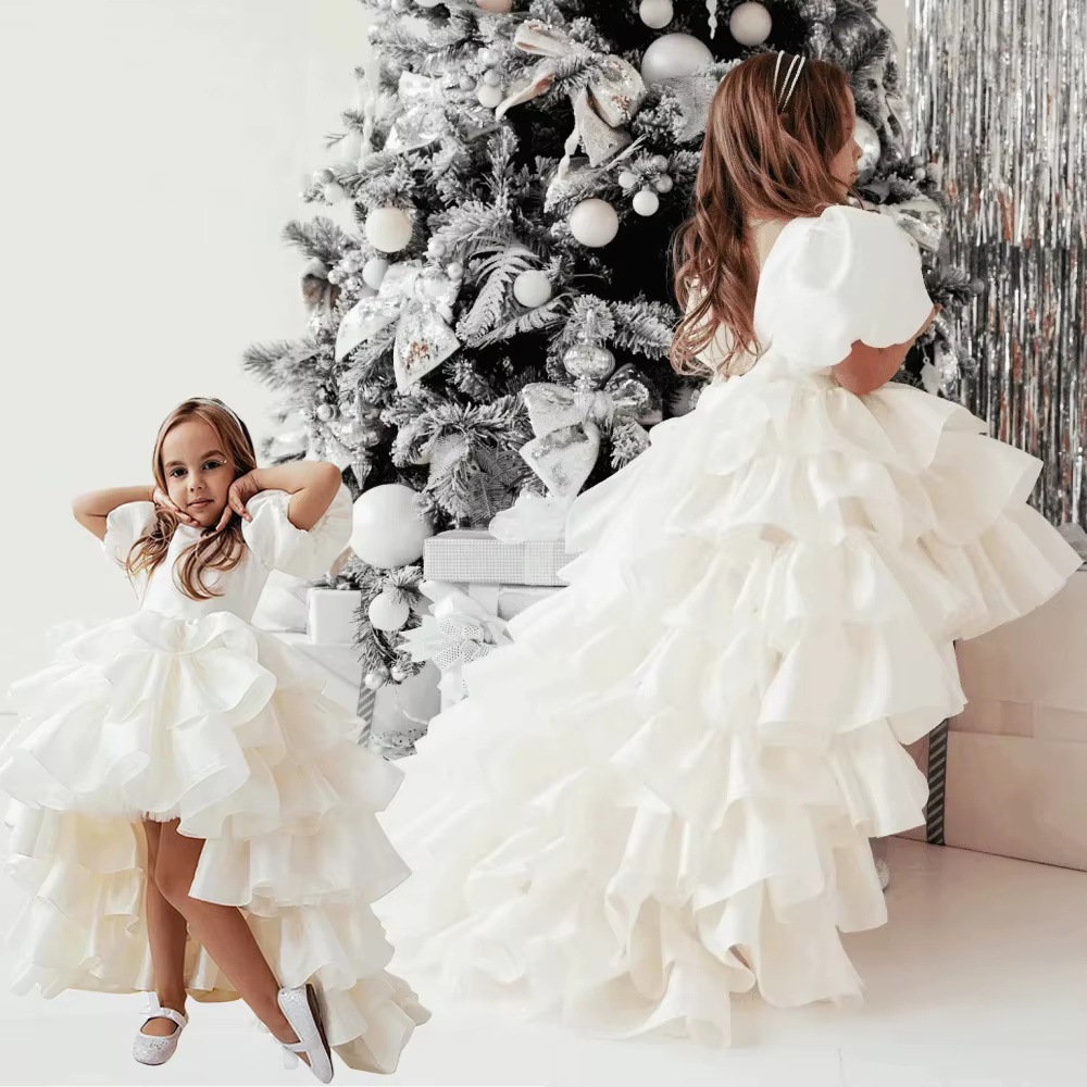 Baby Girl Puffy Sleeve Fancy Birthday Party Princess Dress Elegant High Low Ruffles Gowns Dress for Performance Tiered Vestidos